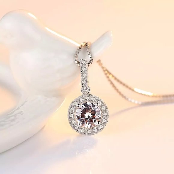Jewelry - 14k Gold 1ct. Lab Diamond Halo Necklace Italy Sterling Silver